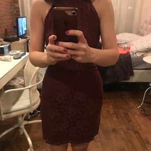 Lulu’s burgundy lace dress with high neck
